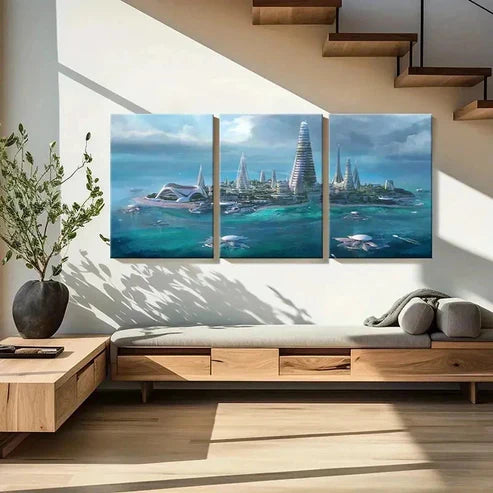 3pcs Futuristic Sci-Fi Island Scene Wall Art Canvas Unframed - High Quality Print 100% Australian Made Wall Canvas