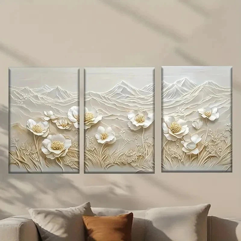 3pcs Abstract White Flowers and Mountains Wall Art Set Canvas Framed 50x70cm - High Quality Print 100% Australian Made Wall Canvas Ready to Hang - Bella Home Decor