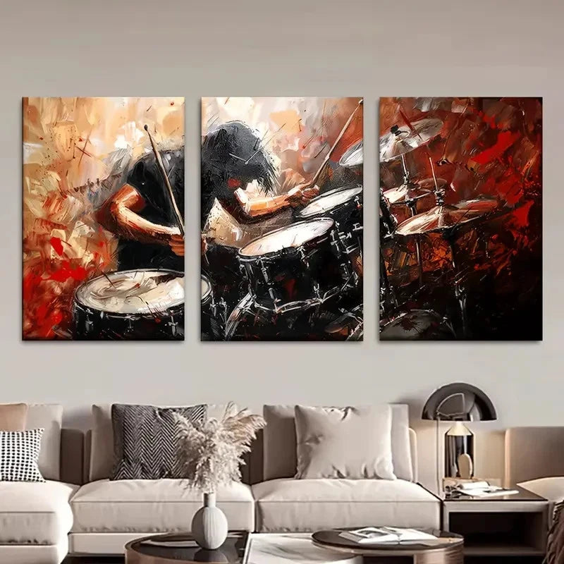 3pcs Colorful Drummer Painting Metal Print Ready to Hang Art - Bella Home Decor