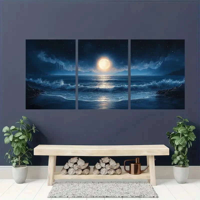 3pcs Moonlit Ocean Seascape Midnight Beach Scene Metal Print Ready to Hang Art - Bella Home Decor