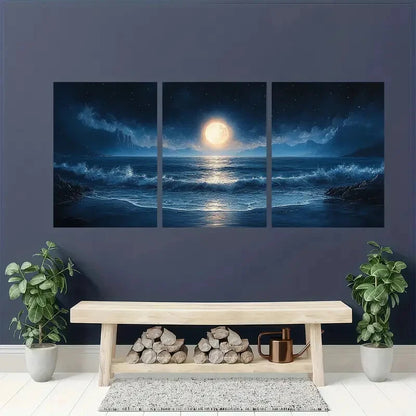3pcs Moonlit Ocean Seascape Midnight Beach Scene Metal Print Ready to Hang Art - Bella Home Decor