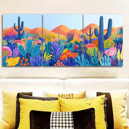 3pcs Colorful Cactus & Floral Garden Scene Wall Art Set Canvas Unframed - High Quality Print 100% Australian Made Wall Canvas - Bella Home Decor