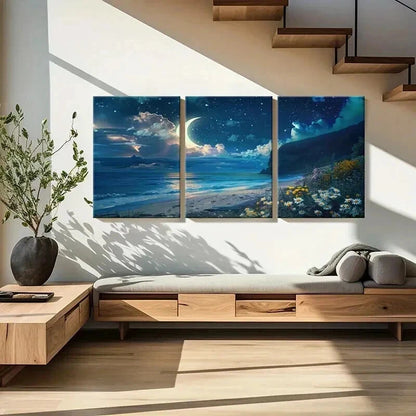 3pcs Beach Landscape Seaside Moon & Flowers Wall Art Set Canvas Framed 40x60cm - High Quality Print 100% Australian Made Wall Canvas Ready to Hang - Bella Home Decor