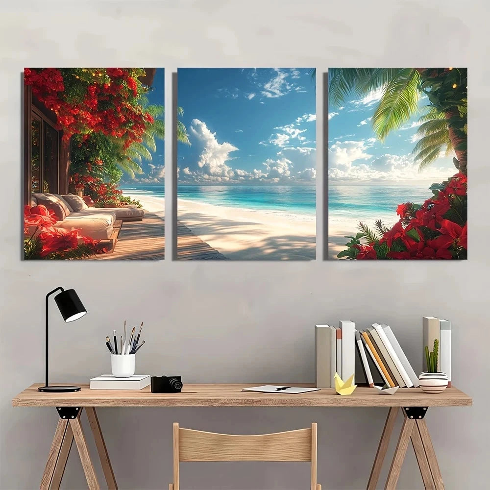 3pcs Palm Trees Ocean Views Red Flowers Metal Print Ready to Hang Art - Bella Home Decor