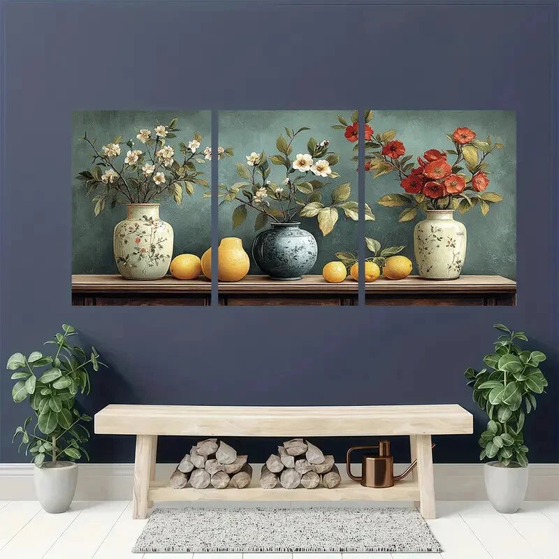3pcs Antique Vase & Botanical Illustration Metal Print Ready to Hang Art - Bella Home Decor