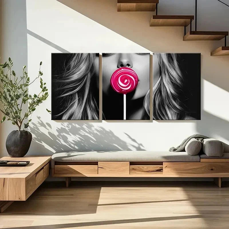 3pcs Beautiful Woman Kissing Lollipop Wall Art Set Canvas Framed 50x70cm - High Quality Print 100% Australian Made Wall Canvas Ready to Hang - Bella Home Decor