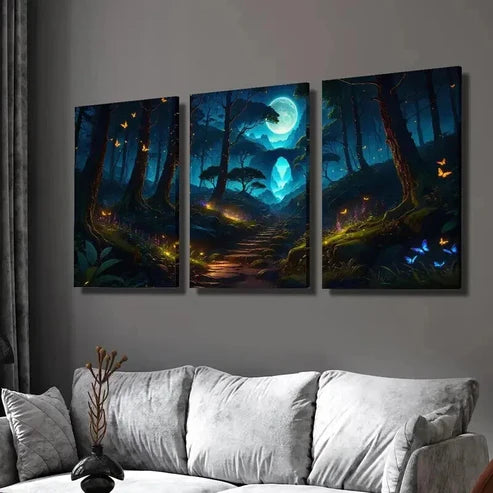 3pcs Magic Forest Moon Butterflies & Flowers Wall Art Canvas Unframed - High Quality Print 100% Australian Made Wall Canvas