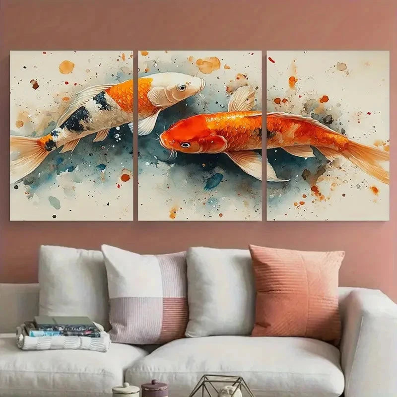 3pcs Koi Carp Fish Elegant Swimming Design Metal Print Ready to Hang Art