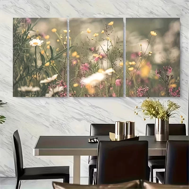 3pcs Botanical Meadow Scene with Flowers Metal Print Ready to Hang Art - Bella Home Decor