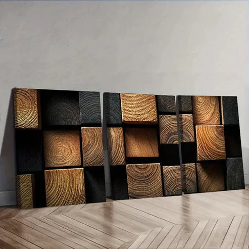 3pcs Featuring Dark Textured Wooden Blocks Wall Art Set Canvas Unframed - High Quality Print 100% Australian Made Wall Canvas