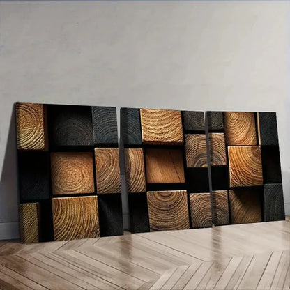 3pcs Featuring Dark Textured Wooden Blocks Wall Art Set Canvas Unframed - High Quality Print 100% Australian Made Wall Canvas