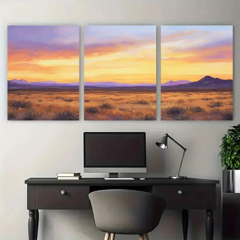 3pcs Desert at Dusk Nature Warm Earth Tones Wall Art Set Canvas Framed 60x90cm - High Quality Print 100% Australian Made Wall Canvas Ready to Hang - Bella Home Decor