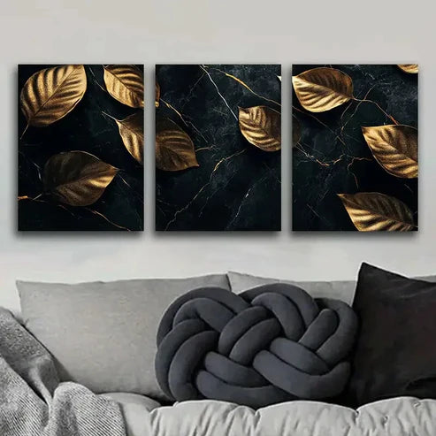 3pcs Black and Gold Plants Nature Leaf Perfect Wall Art Set Canvas Unframed - High Quality Print 100% Australian Made Wall Canvas - Bella Home Decor