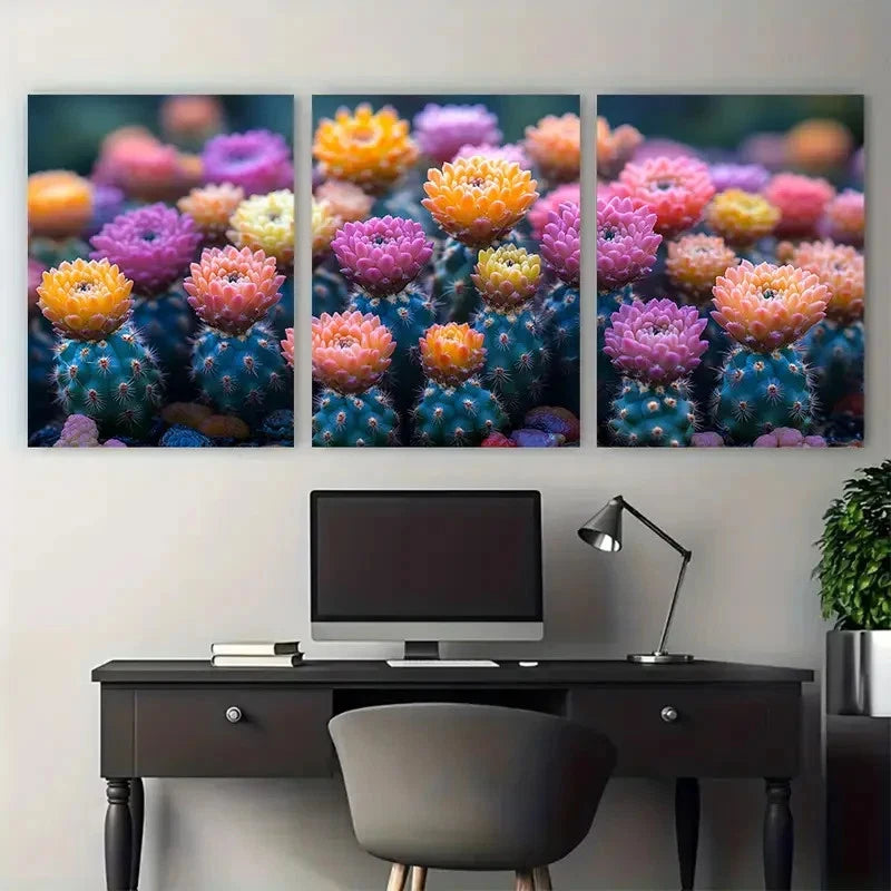 3pcs Vibrant Blooming Cactus Botanical Metal Print Ready to Hang Art - Bella Home Decor