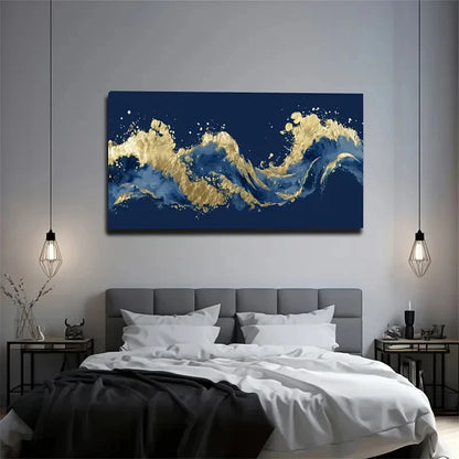 Navy Blue & Golden Textured Wall Art Canvas Office Home Room Framed 120x60cm