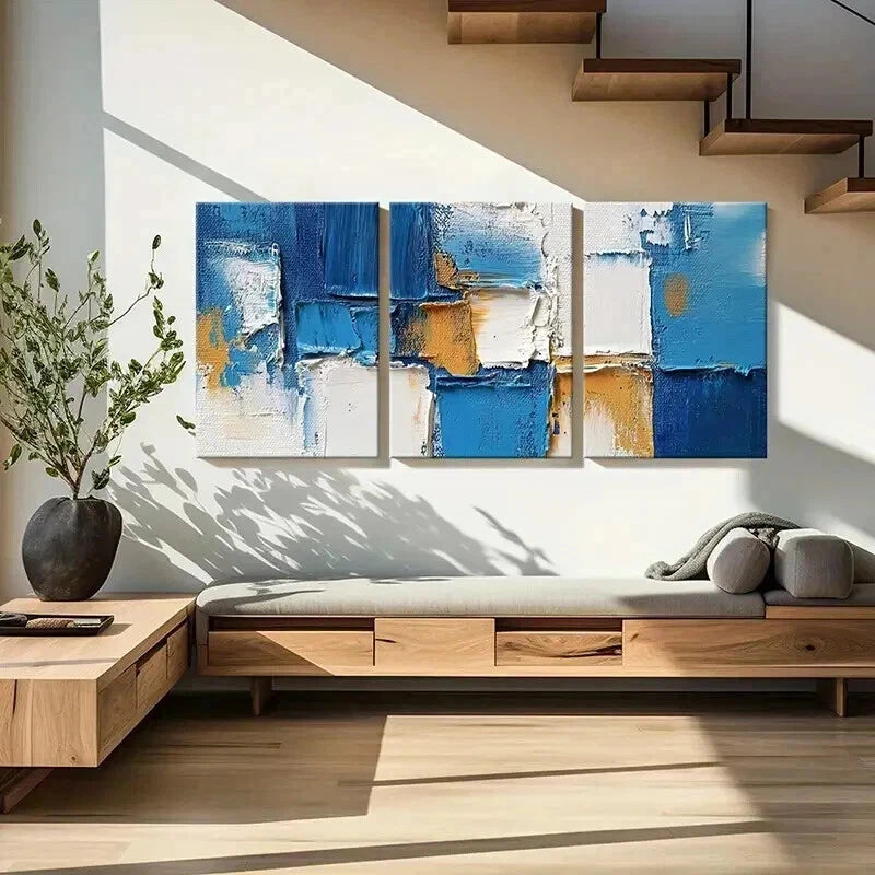 3pcs Abstract Blue Textured Geometric Wall Art Set Canvas Framed 40x60cm - High Quality Print 100% Australian Made Wall Canvas Ready to Hang - Bella Home Decor