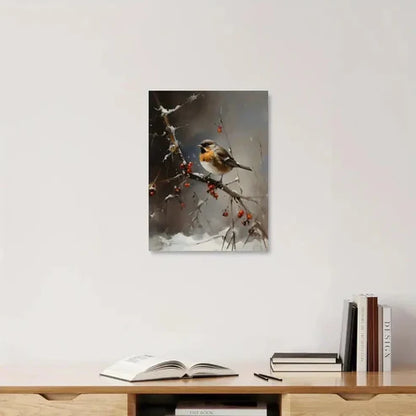 Beautiful Snowy Branch & Red Berries Painting 60x90cm Metal Print Ready to Hang