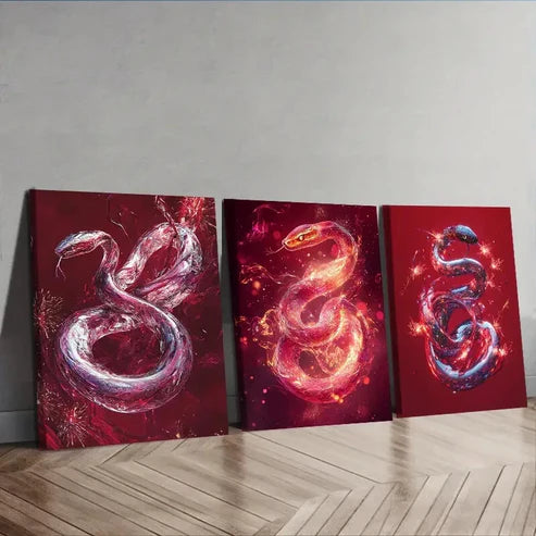 3pcs A Red Crystal Snake Wall Art Canvas Unframed - High Quality Print 100% Australian Made Wall Canvas