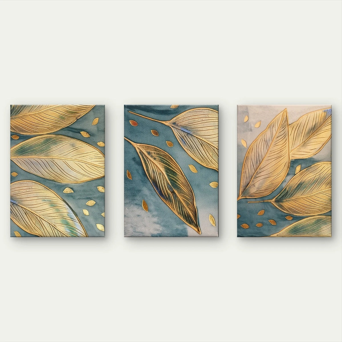 3pcs Gold and Blue Leaf Pattern Luxurious Wall Art Set Canvas Framed 40x60cm - High Quality Print 100% Australian Made Wall Canvas Ready to Hang