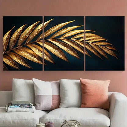 3pcs Elegant Dark Golden Palm Leaf Minimalist Metal Print Ready to Hang Art - Bella Home Decor