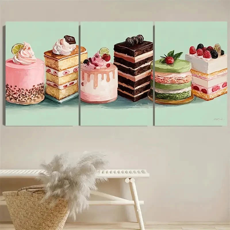 3pcs Kawaii Dessert Food Kitchen Decor Art Wall Art Set Canvas Framed 40x60cm - High Quality Print 100% Australian Made Wall Canvas Ready to Hang