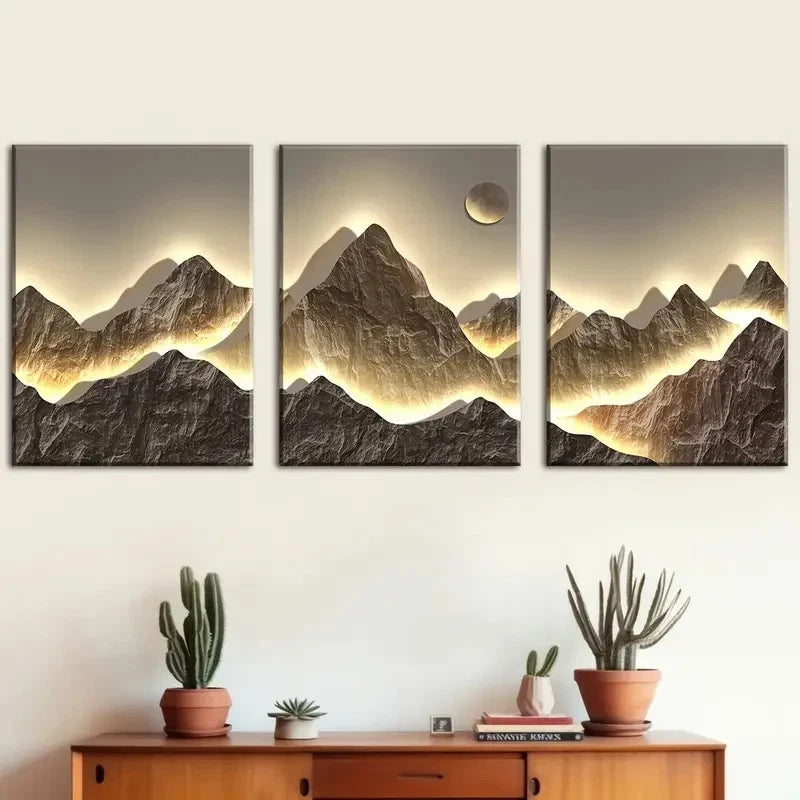 3pcs Golden Mountains Sunshine On The Mountains Metal Print Ready to Hang Art - Bella Home Decor