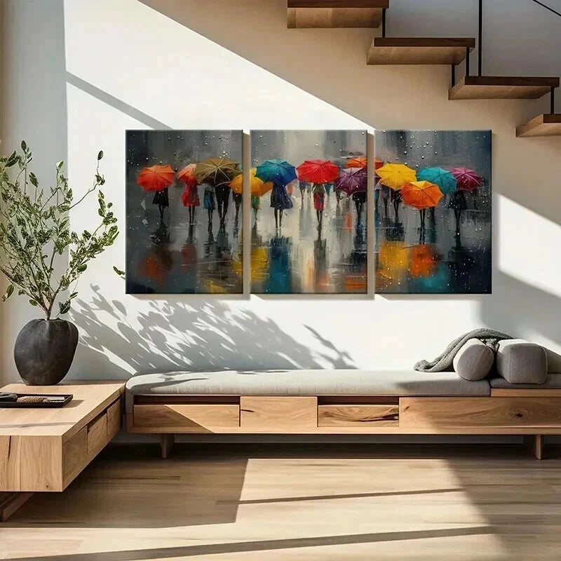 3pcs Rainy Day Colorful Umbrellas Wall Art Set Canvas Framed 40x60cm - High Quality Print 100% Australian Made Wall Canvas Ready to Hang - Bella Home Decor