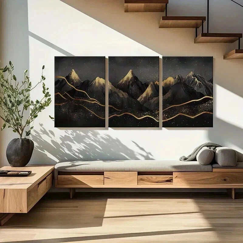 3pcs Mountains Night Sky Golden Lines Sparkles Wall Art Set Canvas Framed 60x90cm - High Quality Print 100% Australian Made Wall Canvas Ready to Hang - Bella Home Decor