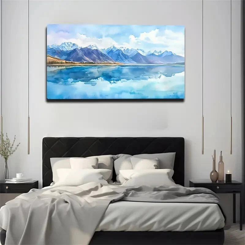 Serene Blue Lake with Snow Wall Art Canvas Office Home Room Framed 120x60cm - Bella Home Decor
