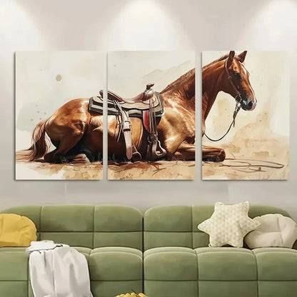 3pcs Brown Horse with Saddle & Bridle Metal Print Ready to Hang Art - Bella Home Decor