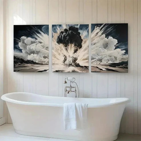 3pcs Dramatic Smoke Blast Black & White Perfect Wall Art Canvas Unframed - High Quality Print 100% Australian Made Wall Canvas - Bella Home Decor