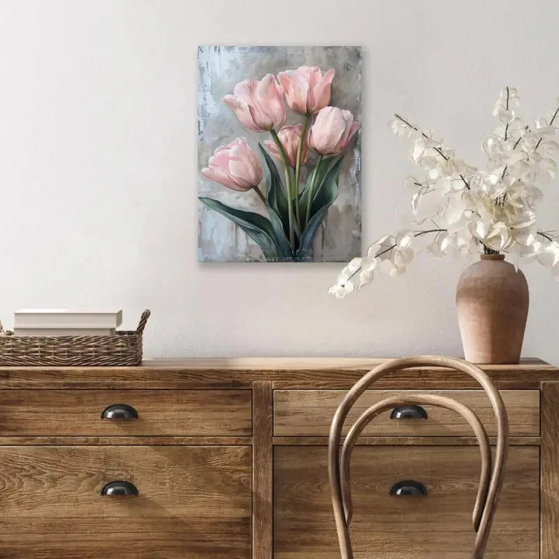 Beautiful Carnation Colorful Pink Tulips Painting 40x60cm Metal Print Ready to Hang