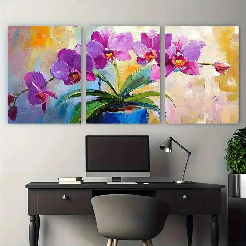 3pcs Orchid Flower in a Pot Abstract Design Metal Print Ready to Hang Art - Bella Home Decor
