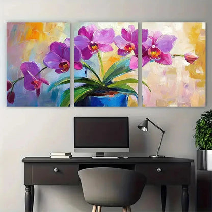 3pcs Orchid Flower in a Pot Abstract Design Metal Print Ready to Hang Art - Bella Home Decor