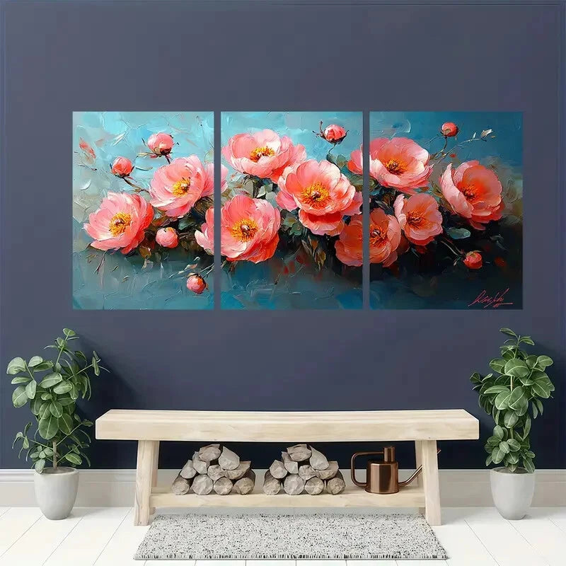 3pcs Pink Peonies Impasto Painting Oil Painting Metal Print Ready to Hang Art - Bella Home Decor