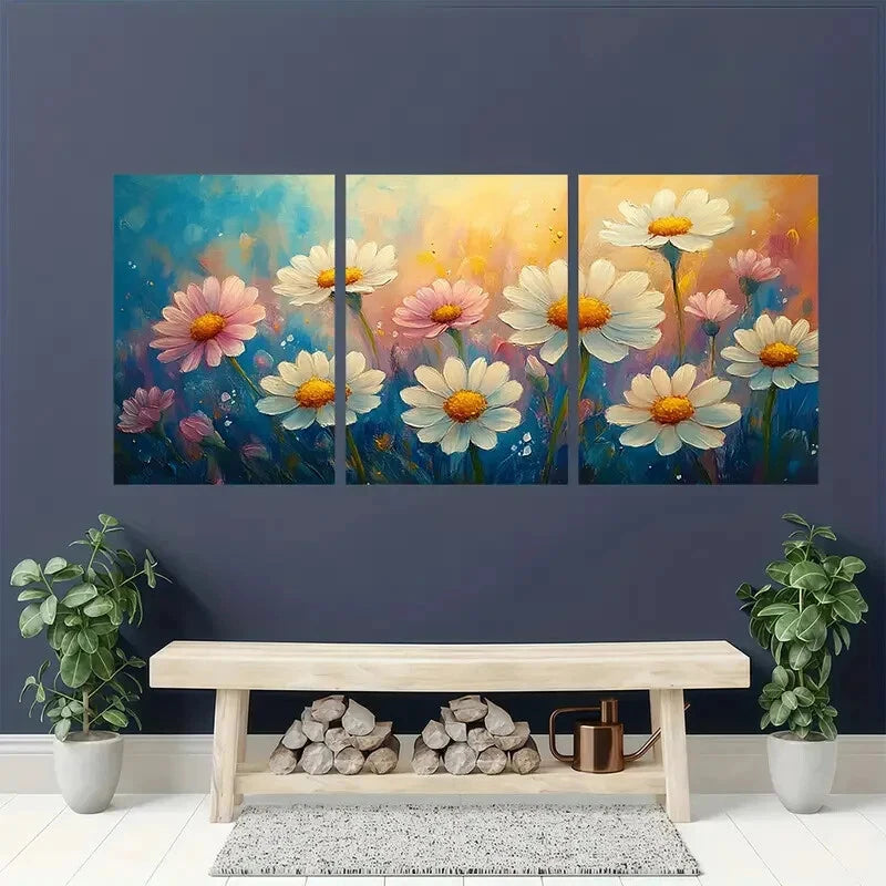 3pcs Vibrant Wildflower Designs in Blue Yellow Metal Print Ready to Hang Art - Bella Home Decor