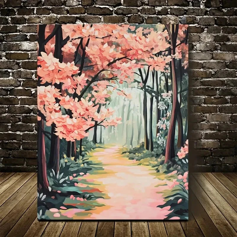 Lush Peach Forest with Winding Path & Blooming Trees 40x60cm Metal Print Ready to Hang - Bella Home Decor