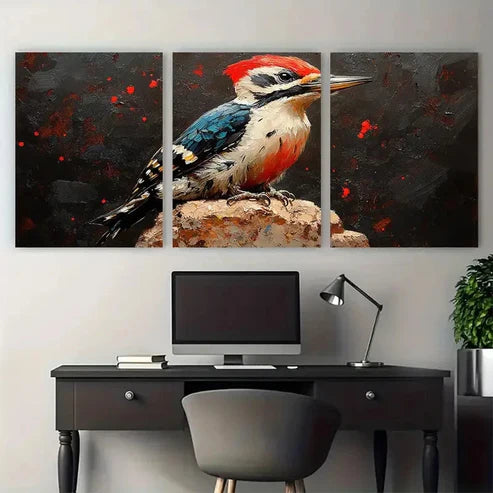3pcs Woodpecker Bird Illustration Wall Art Set Canvas Unframed - High Quality Print 100% Australian Made Wall Canvas