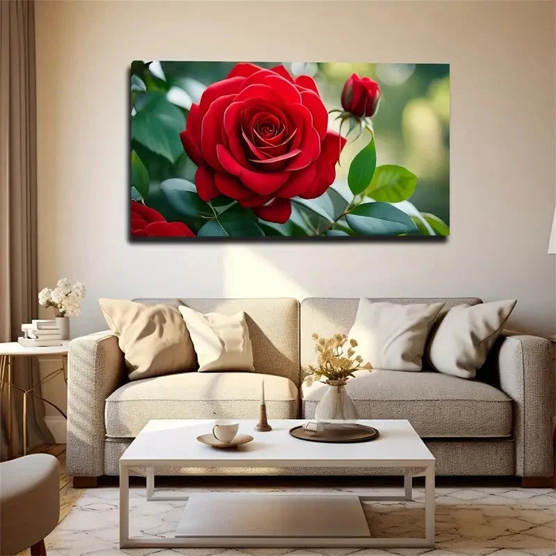 Blooming Deep Red Rose Wall Art Canvas Office Home Room Framed 120x60cm