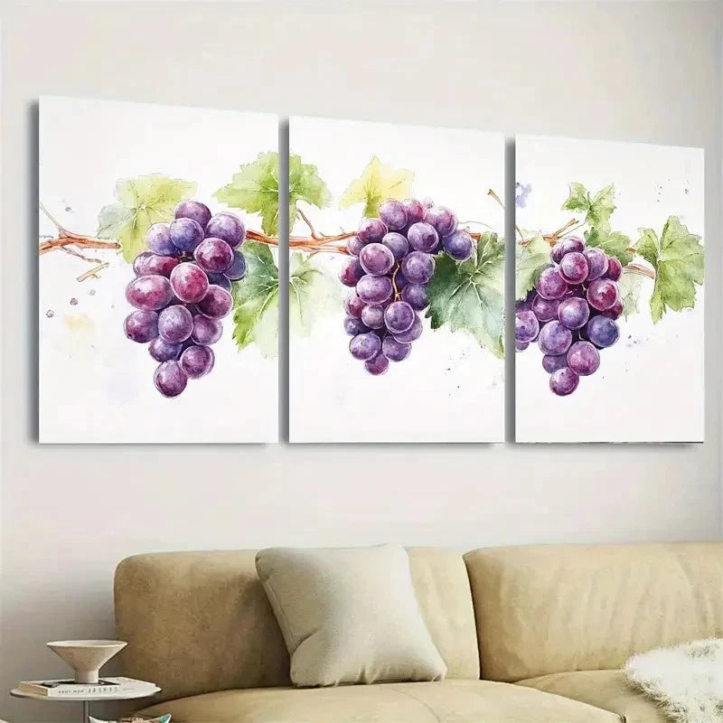 3pcs Watercolor Grape Vine Wall Art Set Canvas Framed 60x90cm - High Quality Print 100% Australian Made Wall Canvas Ready to Hang - Bella Home Decor