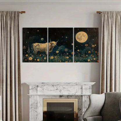 3pcs Moonlit Night Highland Cow Floral Meadow Metal Print Ready to Hang Art - Bella Home Decor