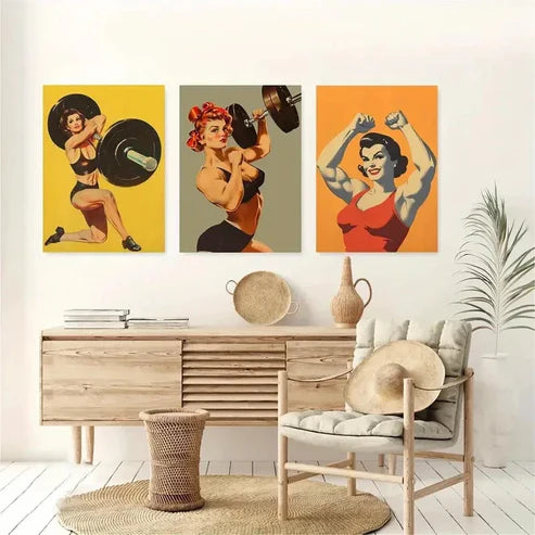 3pcs Vintage Gym Female Weightlifter Wall Art Set Canvas Unframed - High Quality Print 100% Australian Made Wall Canvas