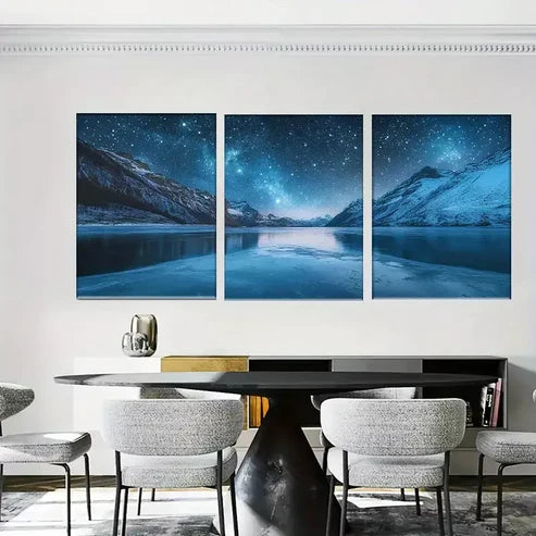 3pcs Vibrant Starry Night Mountain Lake Wall Art Canvas Unframed - High Quality Print 100% Australian Made Wall Canvas