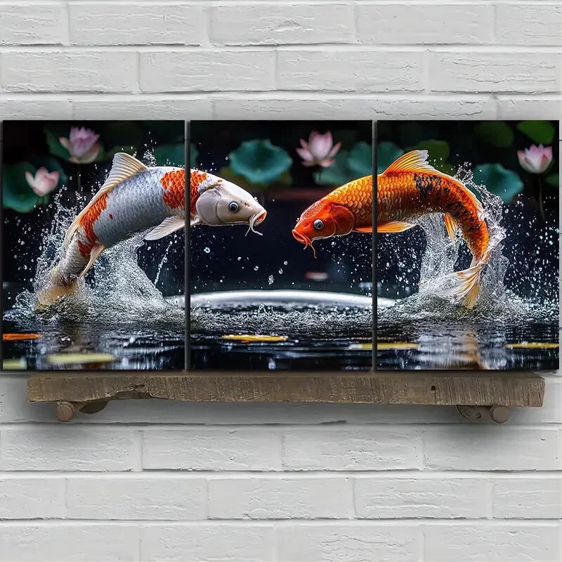 3pcs Golden Koi Fish and Lotus Pond Metal Print Ready to Hang Art - Bella Home Decor
