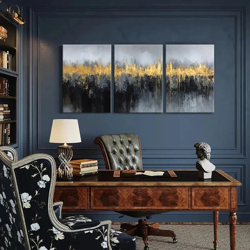 3pcs Abstract Cityscape Art Golden Brushstrokes Metal Print Ready to Hang Art - Bella Home Decor
