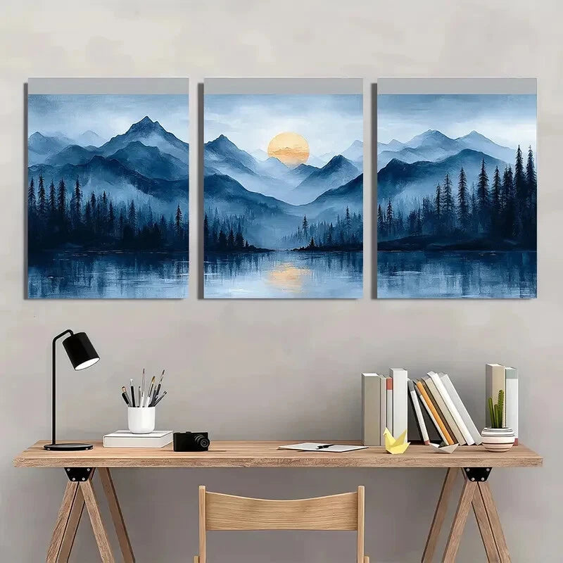 3pcs Blue Gray Abstract Landscape Modern Art Metal Print Ready to Hang Art - Bella Home Decor