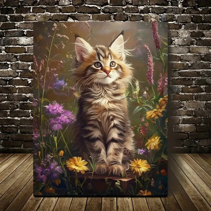 Featuring a Cute Maine Coon Kitten Among Flowers  40x60cm Metal Print Ready to Hang - Bella Home Decor