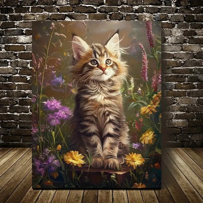 Featuring a Cute Maine Coon Kitten Among Flowers  40x60cm Metal Print Ready to Hang - Bella Home Decor