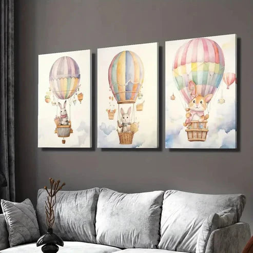 3pcs Cartoon Hot Air Balloon Baby Arctic Hare Wall Art Set Canvas Unframed - High Quality Print 100% Australian Made Wall Canvas - Bella Home Decor