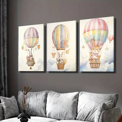 3pcs Cartoon Hot Air Balloon Baby Arctic Hare Wall Art Set Canvas Unframed - High Quality Print 100% Australian Made Wall Canvas - Bella Home Decor